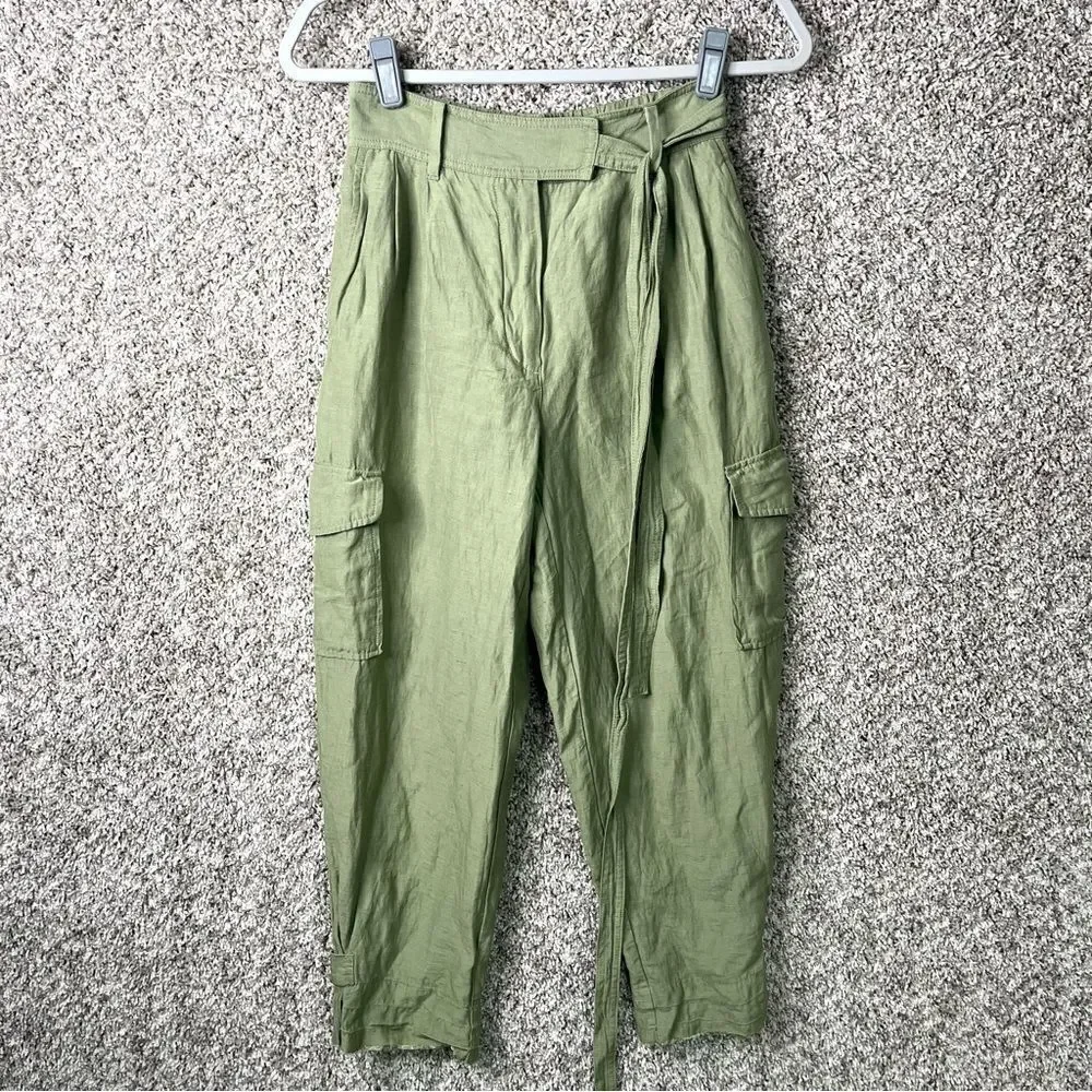 Wilfred Pants Women's 4 Aritzia Green Linen Blend High Rise‎ Ankle Cropped Cargo